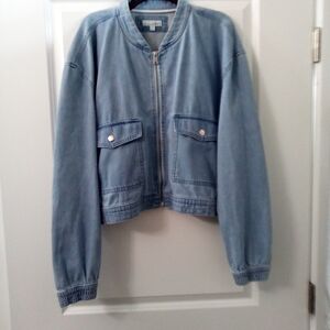 Light Blue Zip Up Jean Jacket With Button Pockets Mid Length Size 2XL